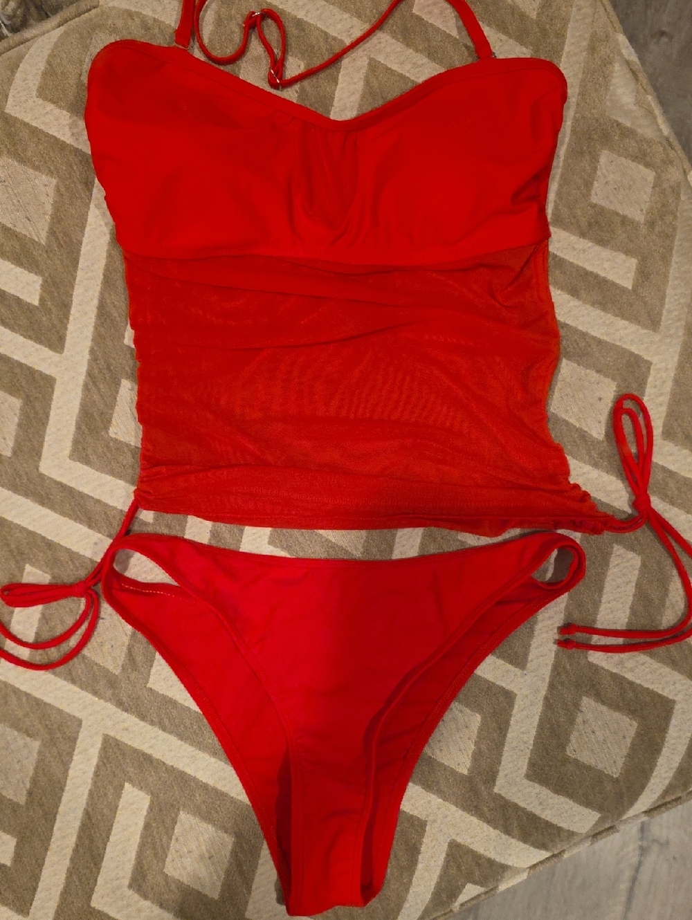 Red Two-Piece Mesh Tankini Swimsuit